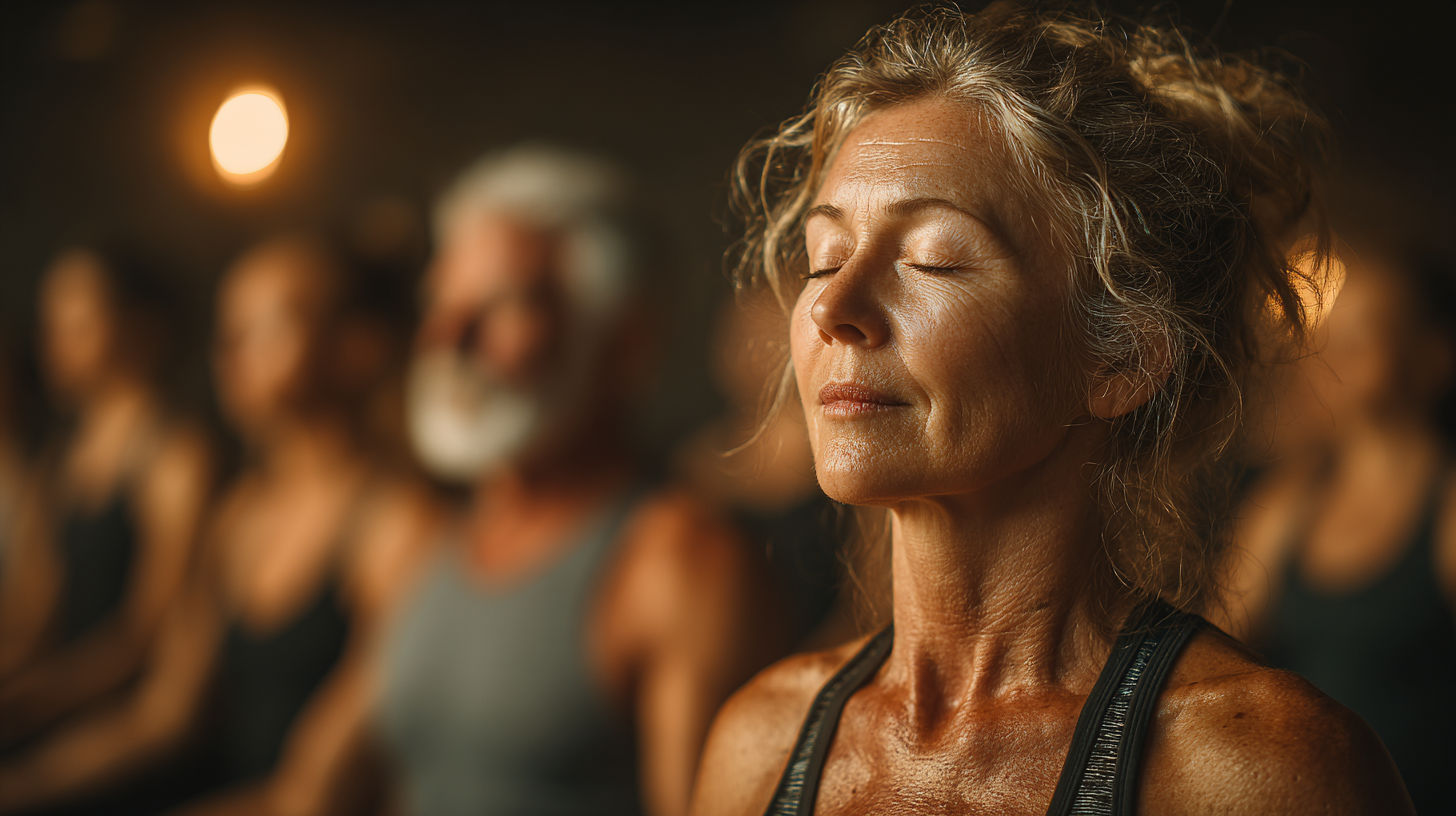 Senior žena meditující v zahradě